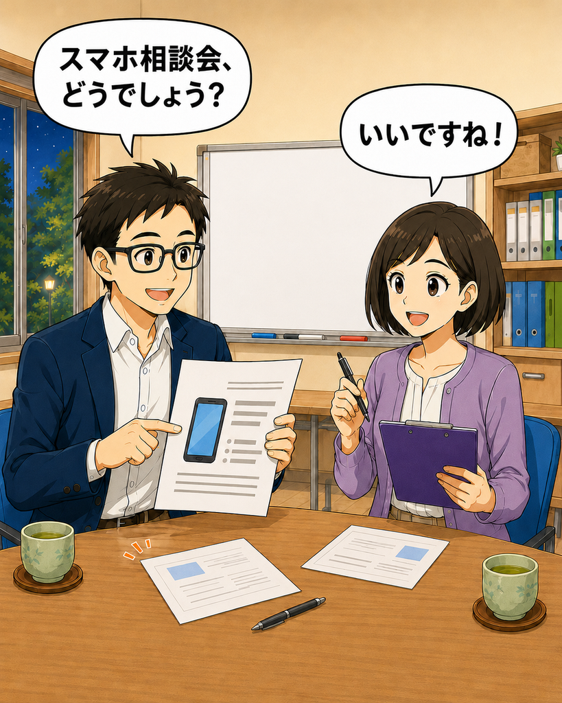 「町内会の役員会で、会長がスマホ相談会を提案し、書記の筆垣さんが賛成する場面」
