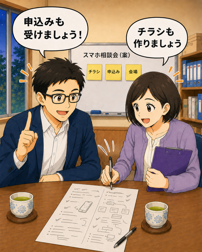 「チラシ作成や申込み方法の案を出し合い、スマホ相談会の計画を具体化する二人」
