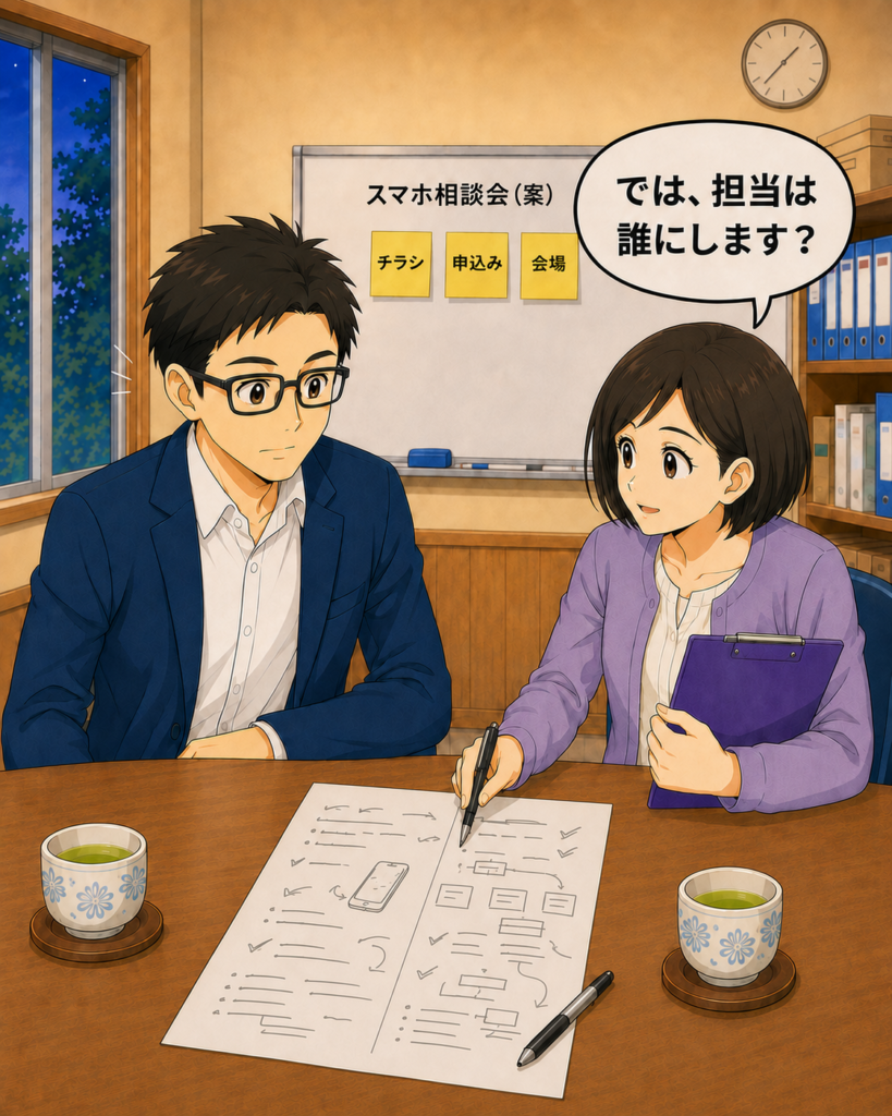 「役員会で筆垣さんが役割分担表を出し、スマホ相談会の担当者を会長に確認する場面」
