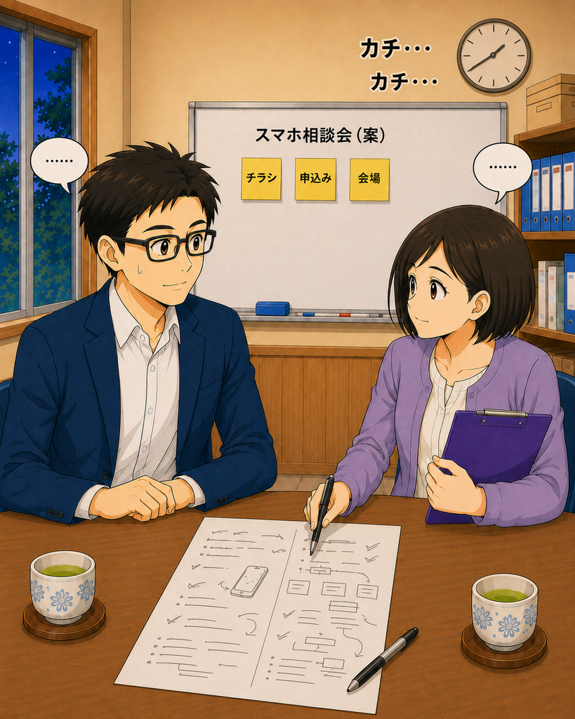 「担当者欄が空白の役割分担表を前に、会長と筆垣さんが無言で顔を見合わせるオチ」
