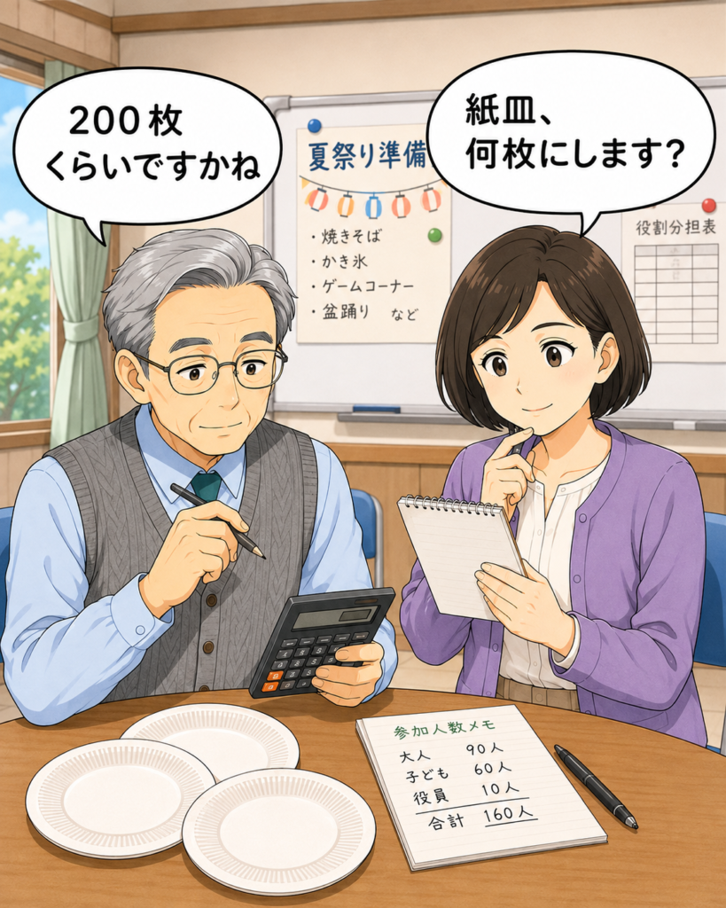 「集会所で紙皿と電卓を前に、お祭りで必要な紙皿の枚数を相談する金賀さんと筆垣さん」
