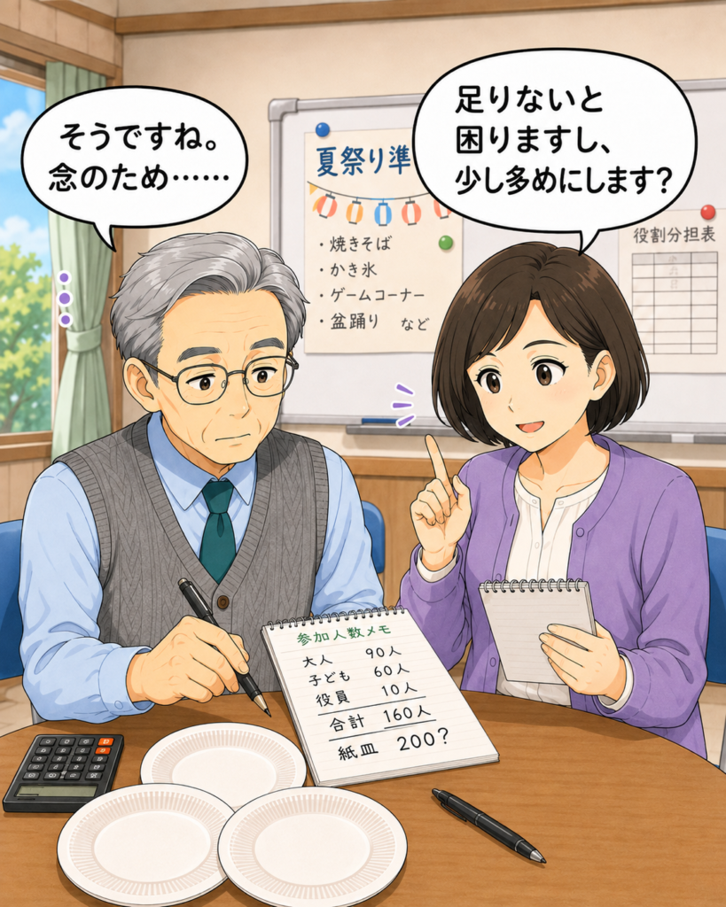 「紙皿が足りなくならないよう、少し多めに用意するか買い物リストを見ながら相談する二人」
