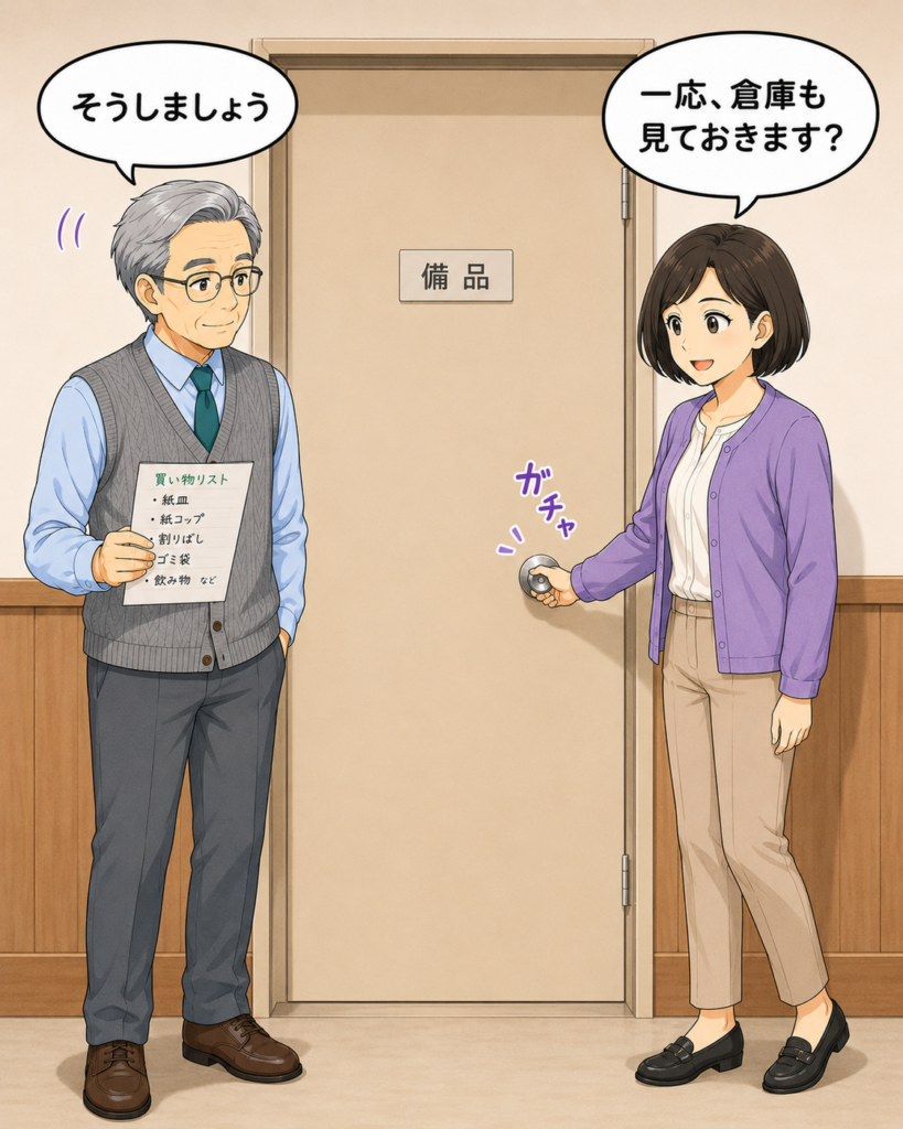 「購入前に在庫を確認しようと、集会所の備品倉庫の扉を開けようとする筆垣さんと金賀さん」

