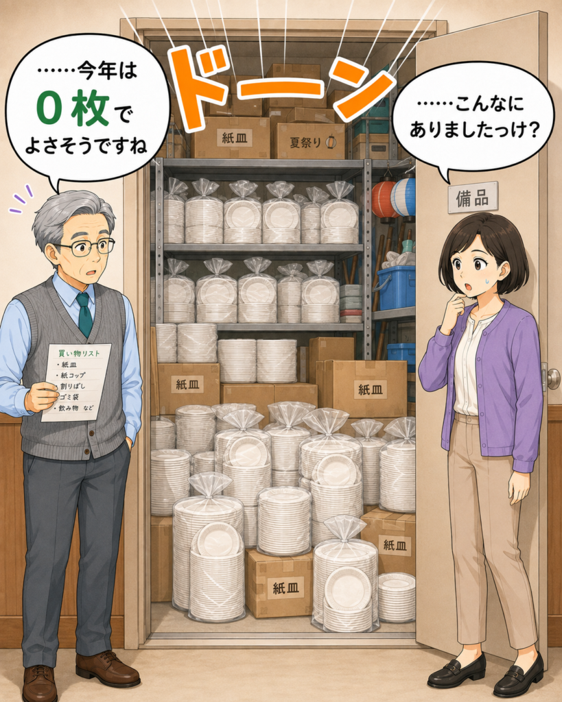 「倉庫に大量の紙皿が残っているのを見つけ、今年は購入不要だと気づく金賀さんと筆垣さん」
