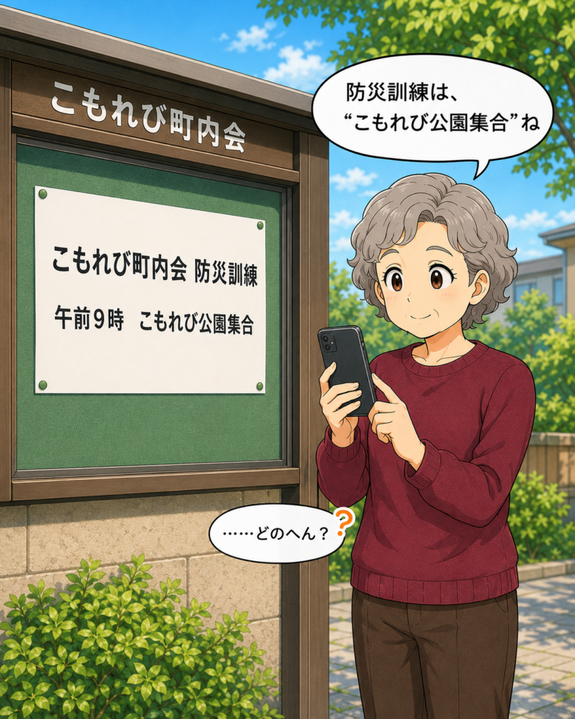 「防災訓練の案内に『こもれび公園集合』と書かれているのを見て、具体的な場所を疑問に思う知恵さん」