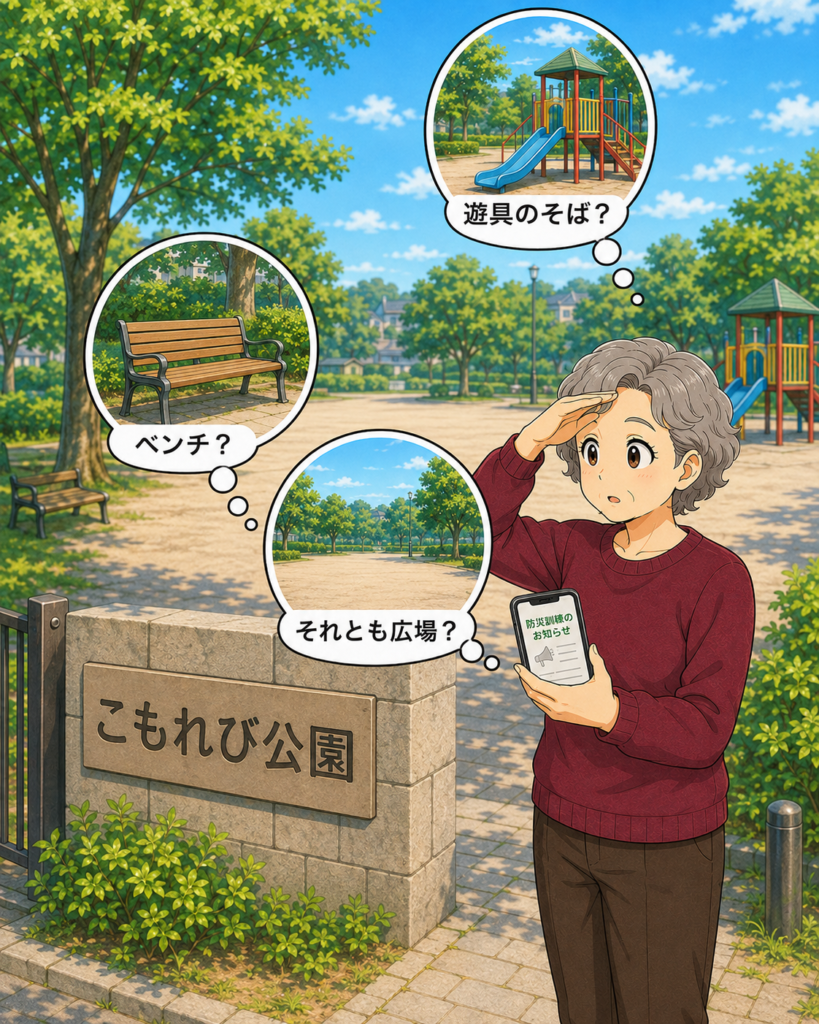 「広いこもれび公園を見渡し、遊具のそば、ベンチ、広場のどこに集まるのか考える知恵さん」