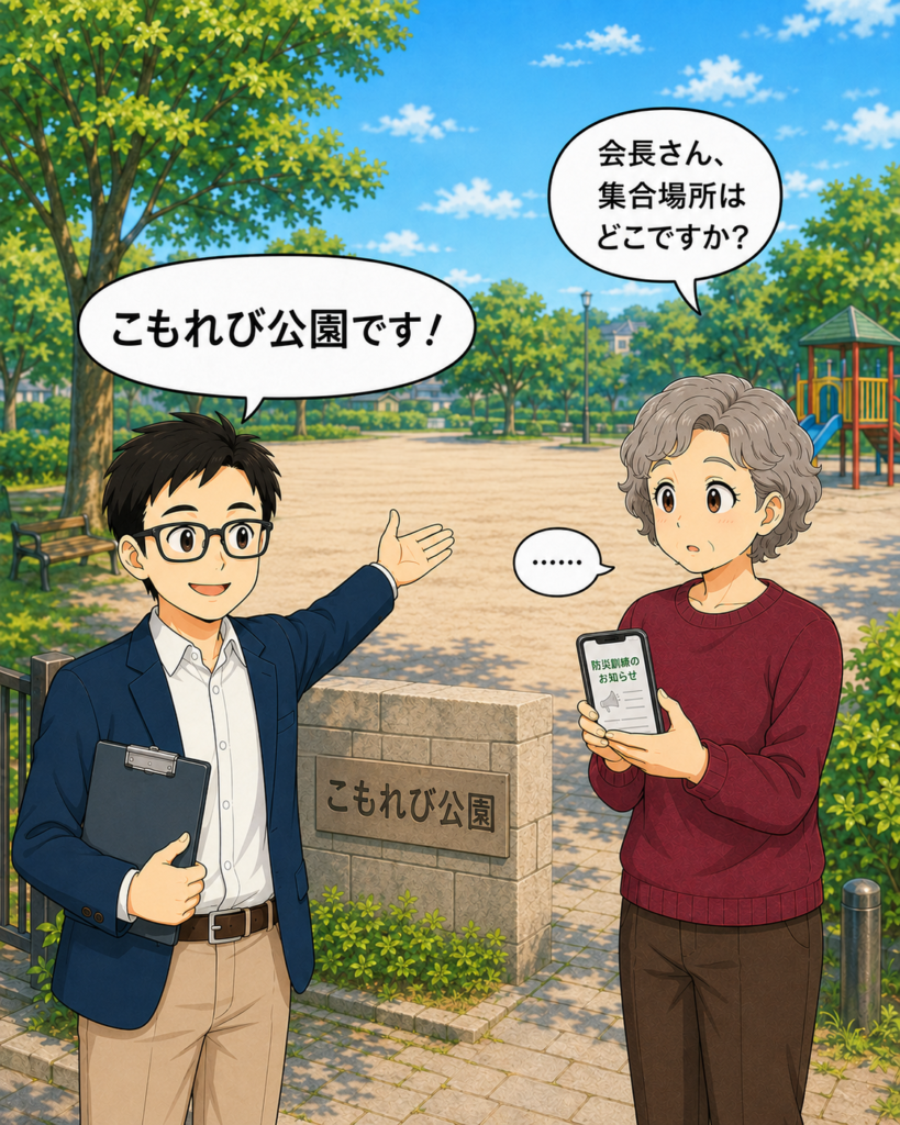 「集合場所を尋ねた知恵さんに、会長が自信を持って『こもれび公園』と答える場面」