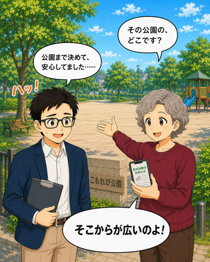 「公園内の場所を決めていなかったと気づく会長に、知恵さんが『そこからが広いのよ』と返すオチ」