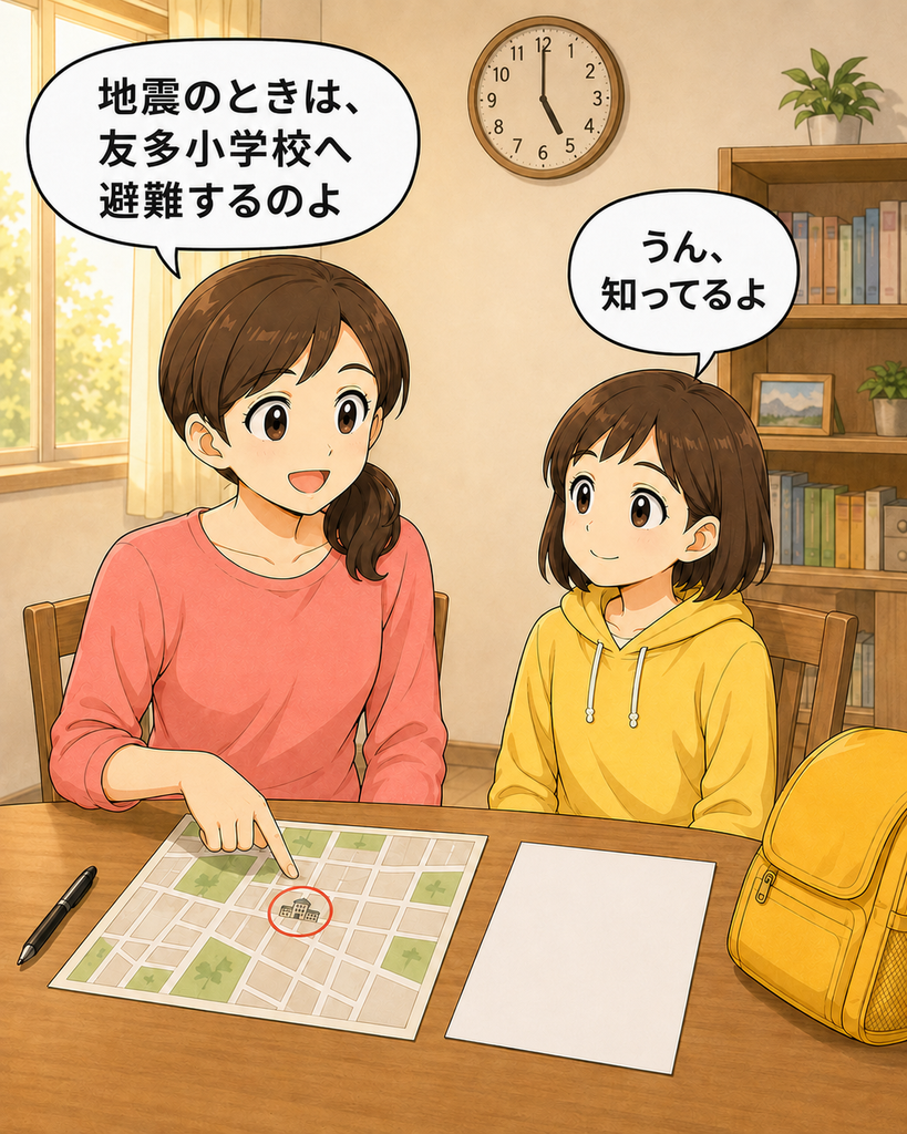 「小想田さんが子どもに避難場所を教えようと、防災について話しかける場面」
