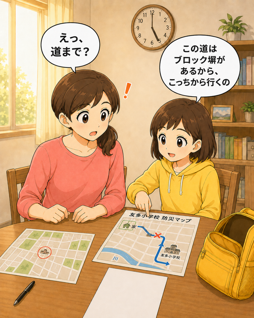 「避難場所までの行き方を話す小想田さんに、子どもが避難経路について説明する場面」
