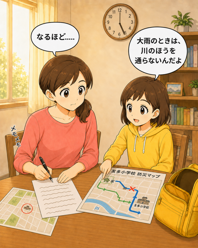 「学校で学んだ避難経路を詳しく話す子どもに、小想田さんが驚きながら聞き入る場面」

