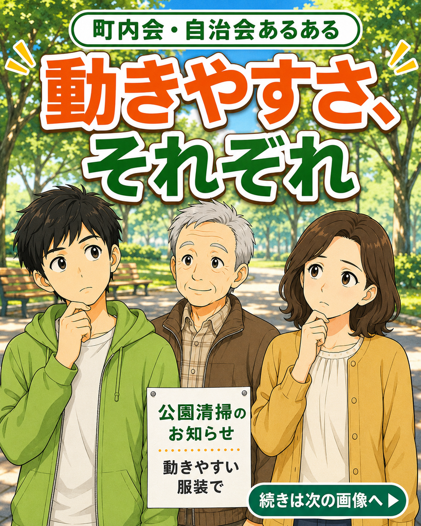 「『動きやすさ、それぞれ』の表紙。公園清掃に着ていく服装を考える若井さん、古里さん、磯賀さん」
