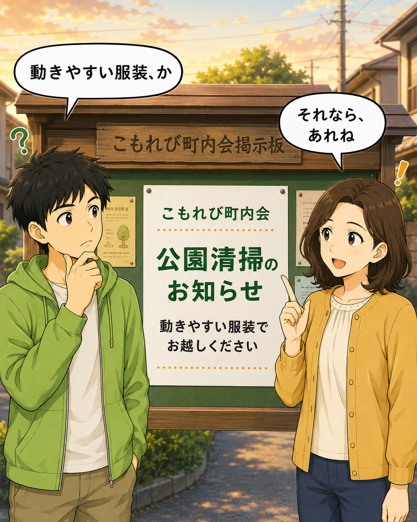 「公園清掃の案内にある『動きやすい服装』という言葉を見て、それぞれ考え込む若井さんと磯賀さん」
