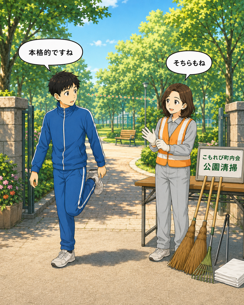 「公園清掃の受付で、ジャージ姿の若井さんと作業着姿の磯賀さんが互いの服装を見比べる」
