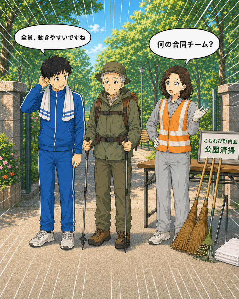 「ジャージ、登山服、作業着で並び、別々の目的の合同チームのように見える3人の公園清掃参加者」
