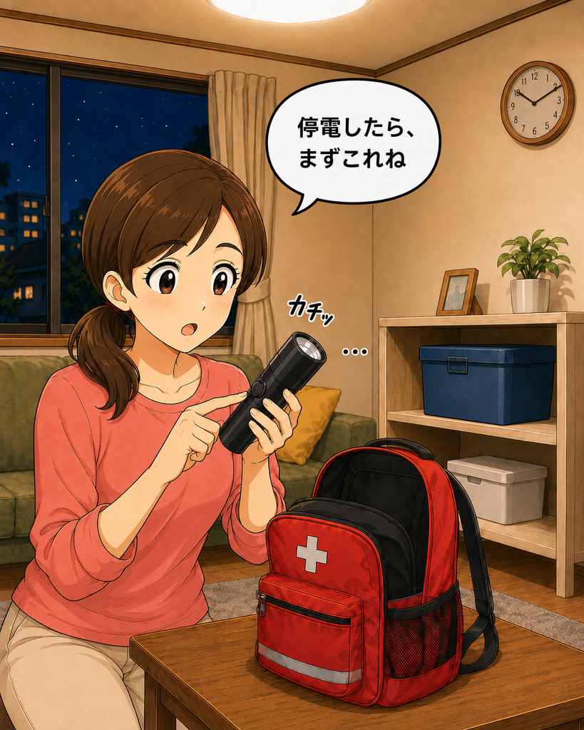 「防災用リュックから取り出した懐中電灯のスイッチを押す小想田さん」
