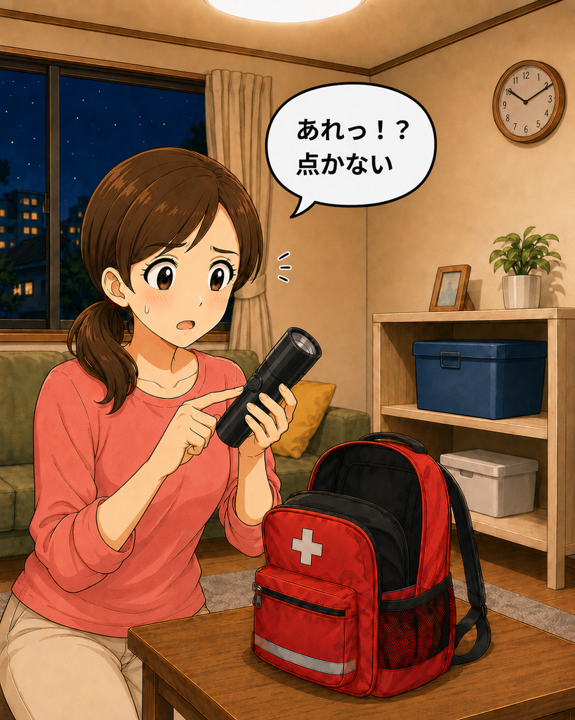 「空の電池収納部を確認し、電池を別の場所に保管したことを思い出す小想田さん」
