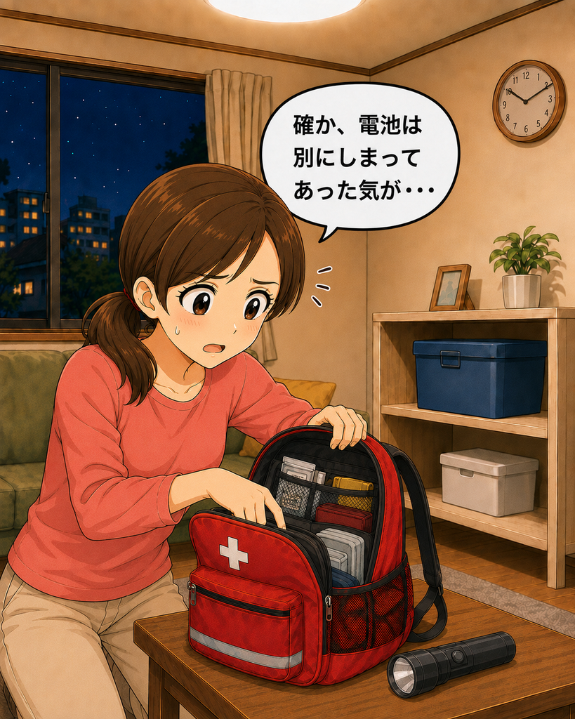 「停電を想定した暗いリビングで、収納棚の電池を手探りで探す小想田さん」

