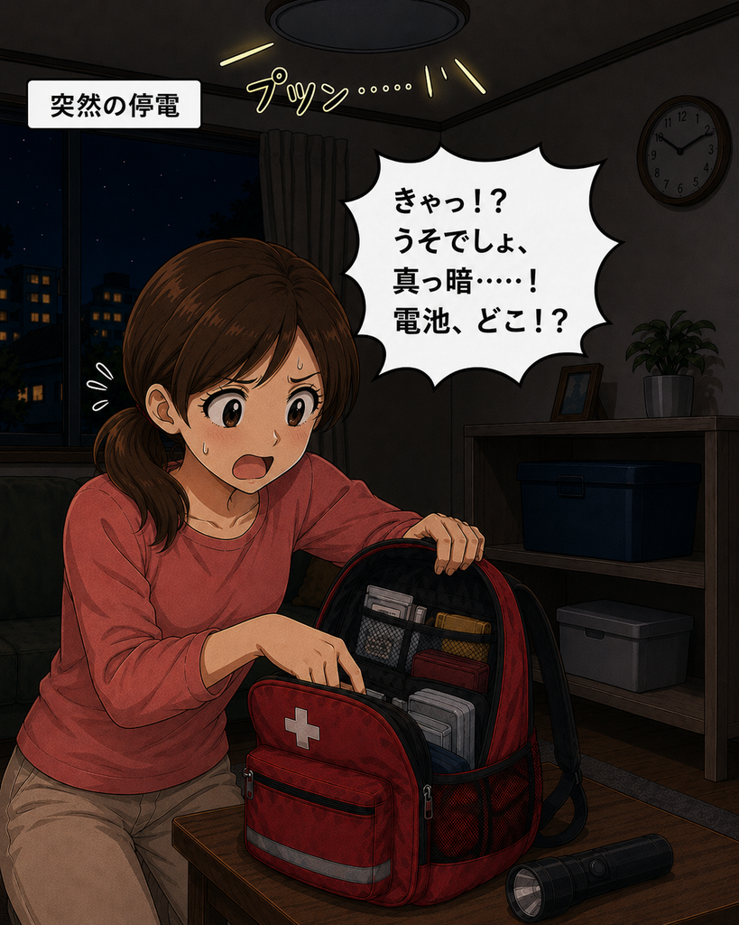 「見つけた単1形電池が、単3形電池を使う懐中電灯には入らず固まる小想田さん」
