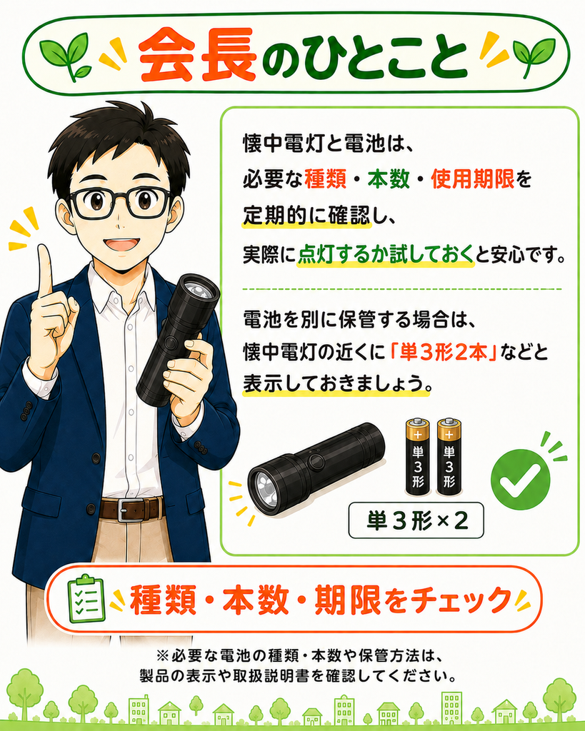 「懐中電灯の電池は種類・本数・使用期限と点灯状態を確認しておくと安心だと説明する会長」
