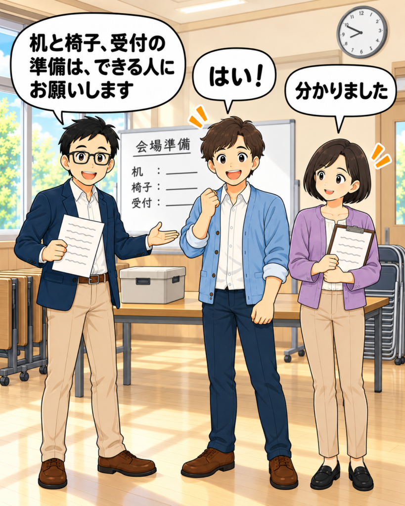 「こもれび集会所で、町尾会長が班野と筆垣に机・椅子・受付の準備を依頼する」
