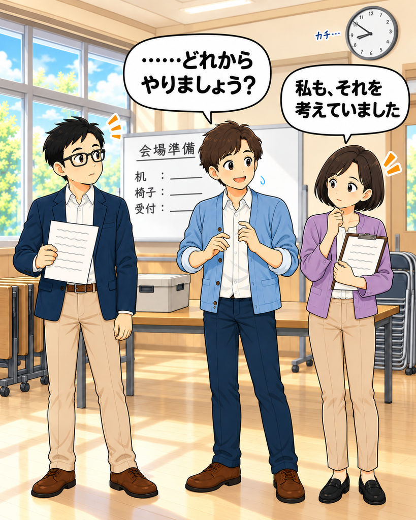 「準備に協力する気はあるものの、担当が決まらず互いの様子を見る町尾会長、班野、筆垣」
