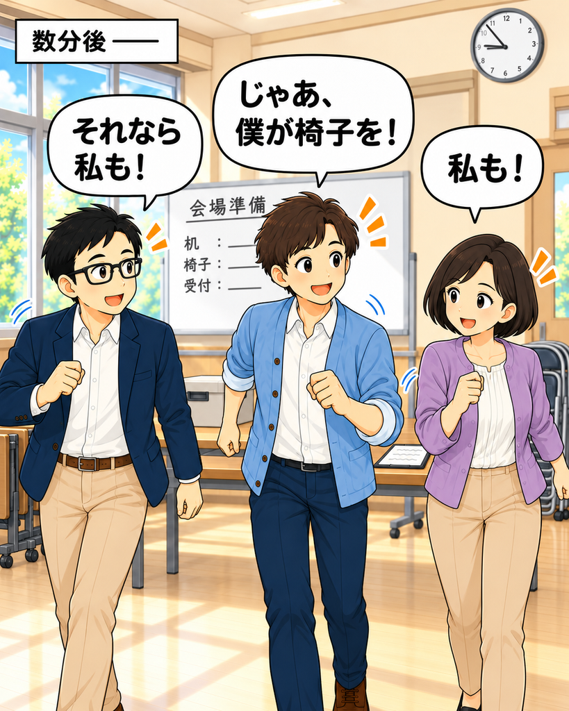 「数分後、班野が椅子の準備を申し出ると、町尾会長と筆垣も同時に動き始める」
