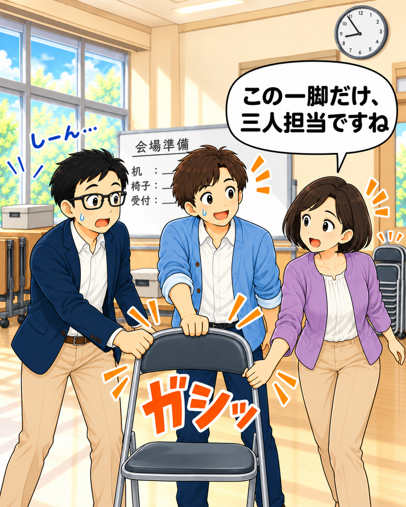 「一脚の折りたたみ椅子を町尾会長、班野、筆垣の三人が同時につかみ、ほかの作業が残る」
