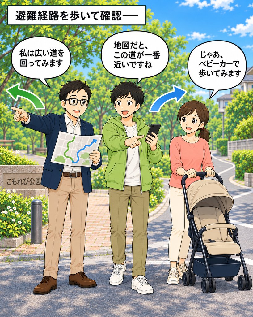 「こもれび公園で、近道を進む二人と広い道を回る会長に分かれ、避難経路の確認を始める三人」
