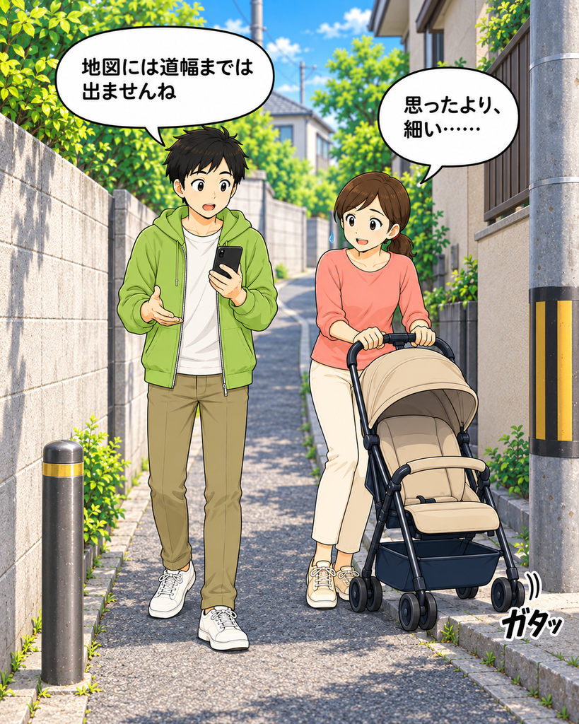 「ベビーカーで細い路地を進み、低い段差と想像以上の道幅の狭さに戸惑う小想田さんと若井さん」

