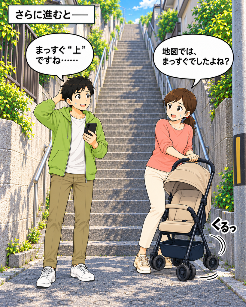 「近道を進んだ先の急な階段を見上げ、ベビーカーの向きを変えて引き返そうとする二人」
