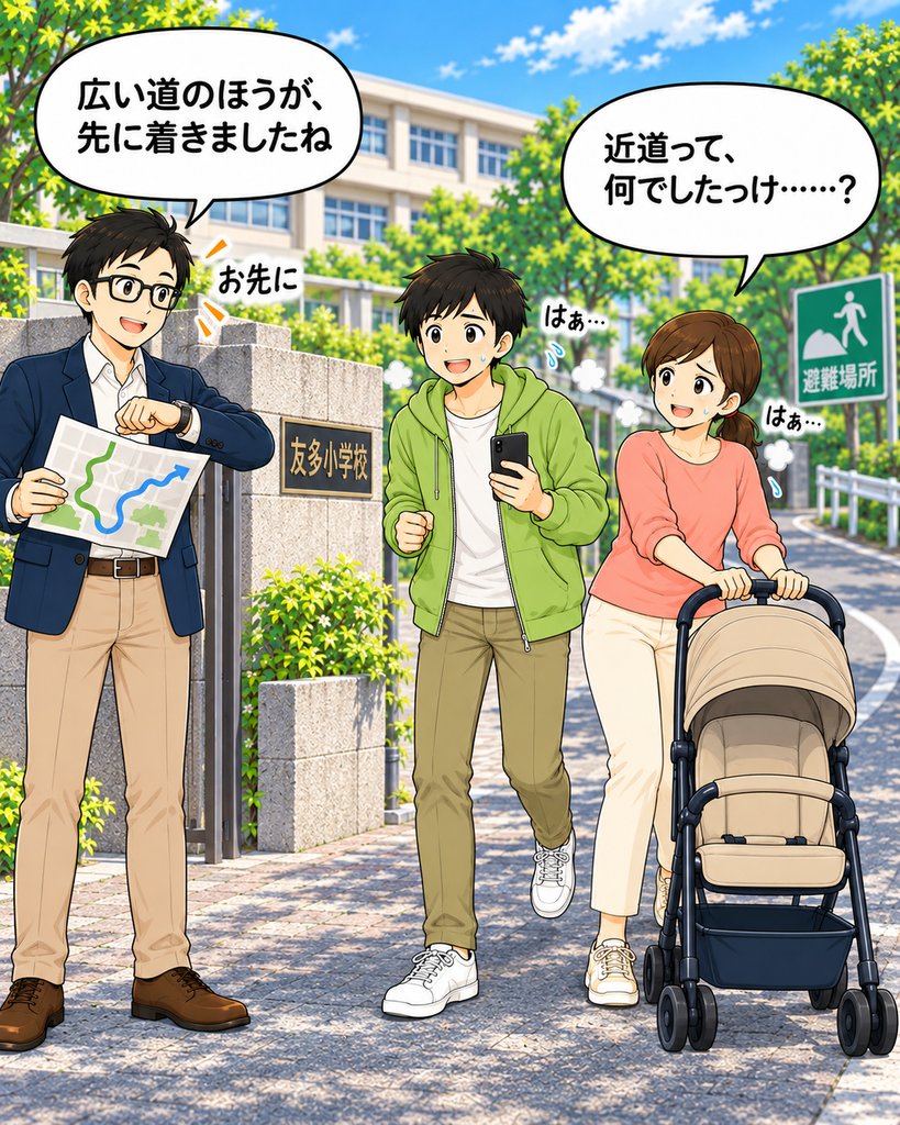 「広い道を通った町尾会長が先に避難場所へ到着し、近道から引き返した二人が遅れて着くオチ」
