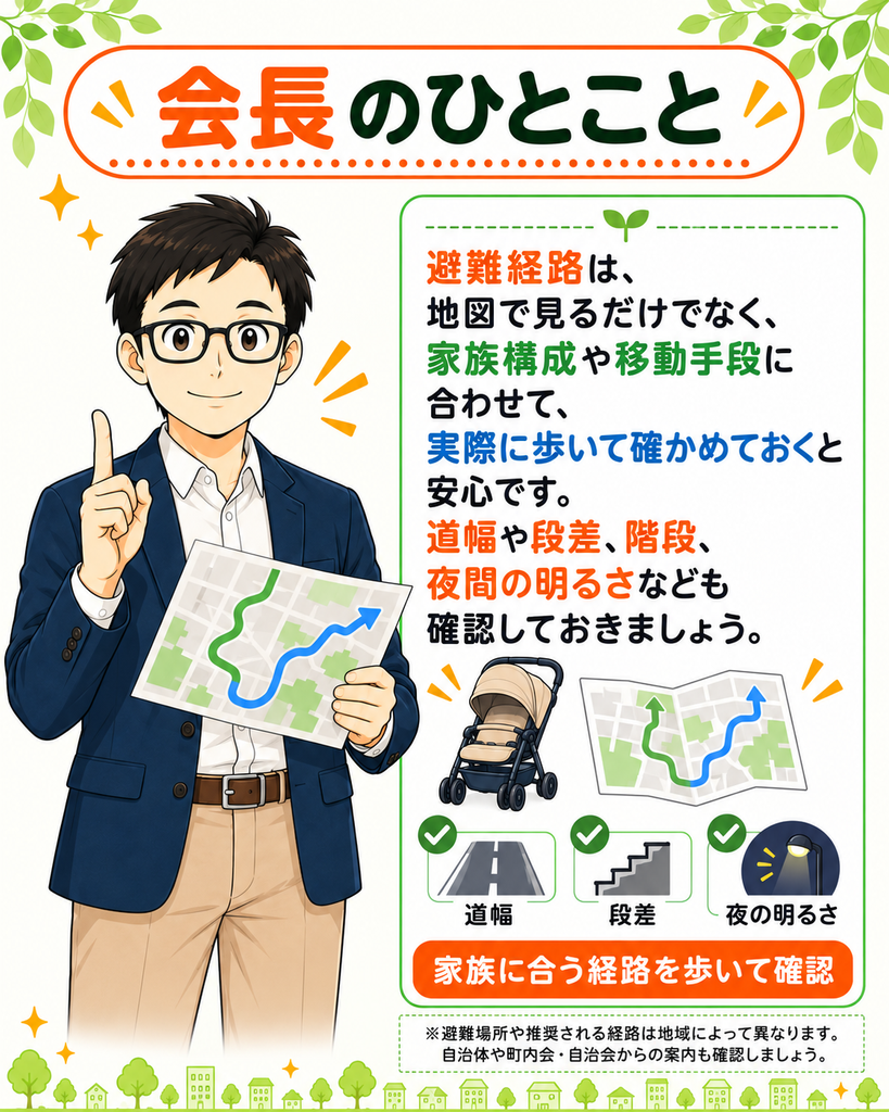 「家族構成や移動手段に合わせ、避難経路の道幅や段差などを実際に歩いて確認する大切さを伝える会長」
