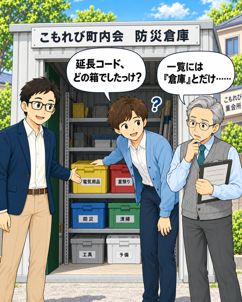 「備品一覧に保管場所が『倉庫』としか書かれておらず、延長コードを探し始める町尾会長たち」
