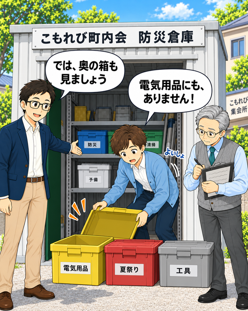 「電気用品の箱にも延長コードがなく、倉庫の奥にある収納箱まで確認しようとする3人」
