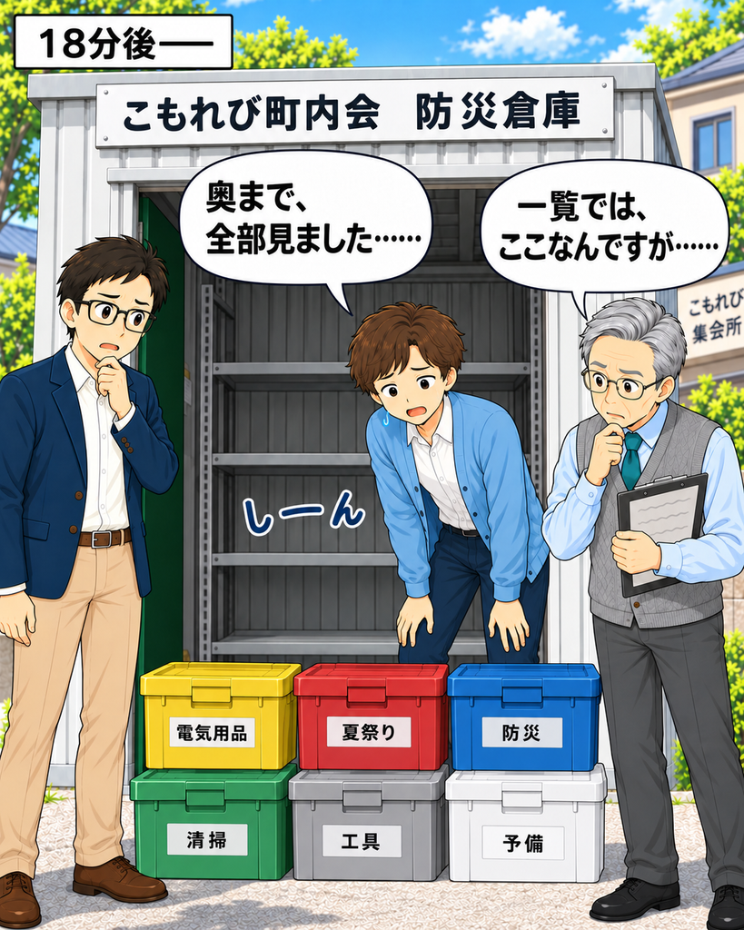 「すべての収納箱を外へ出し、空になった倉庫と備品一覧を前に困った表情を見せる3人」
