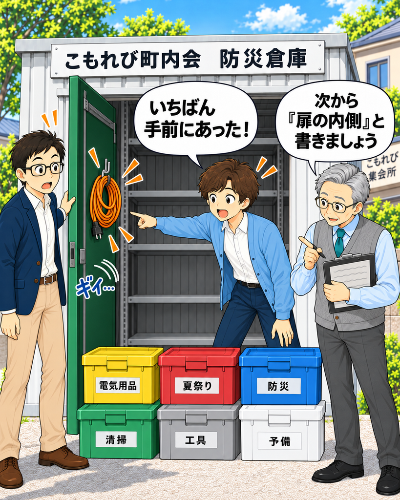 「風で動いた扉の内側に延長コードを発見し、いちばん手前にあったことに驚く3人」
