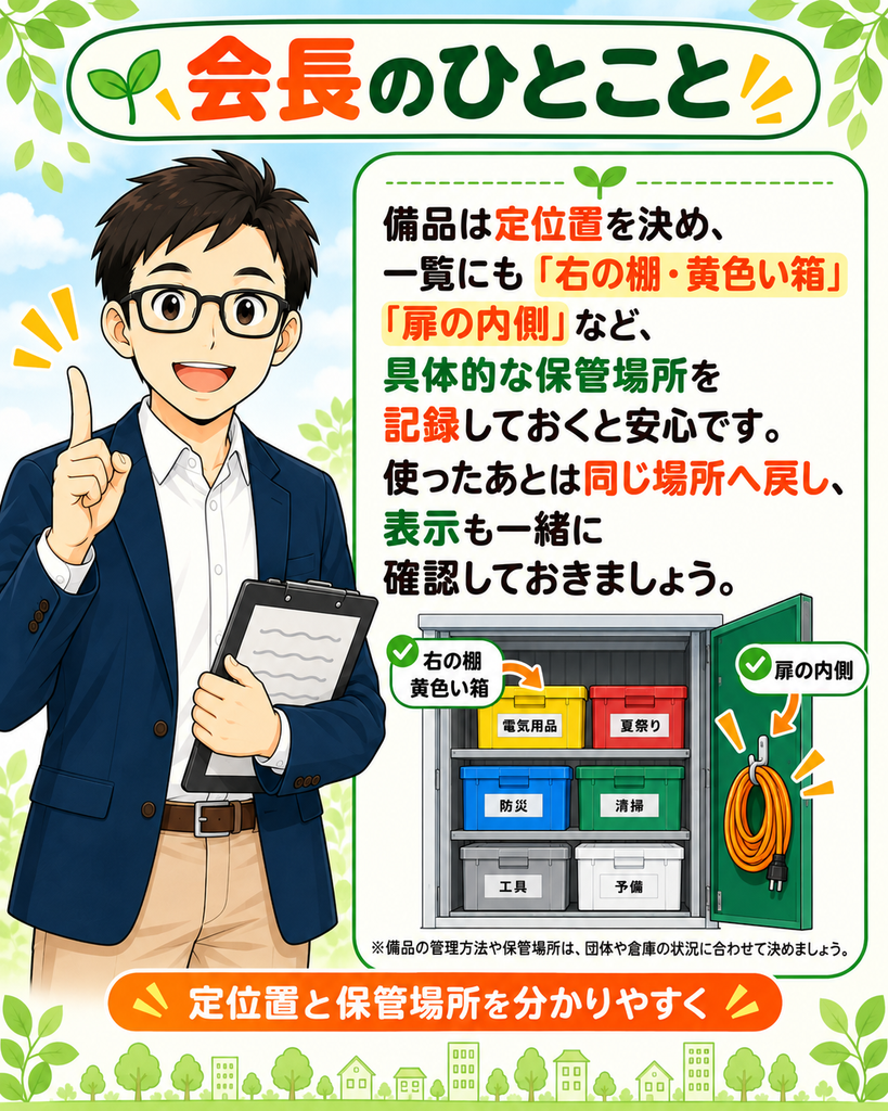 「備品の定位置を決め、棚・箱・扉の内側まで具体的に記録する大切さを伝える町尾会長」
