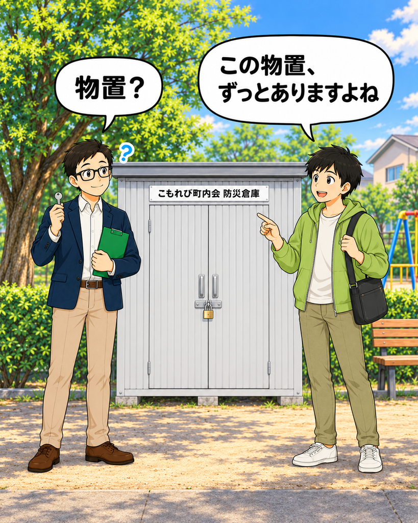「公園の倉庫を物置だと思っていた若井さんが、鍵を持つ会長に何の建物か尋ねる場面」