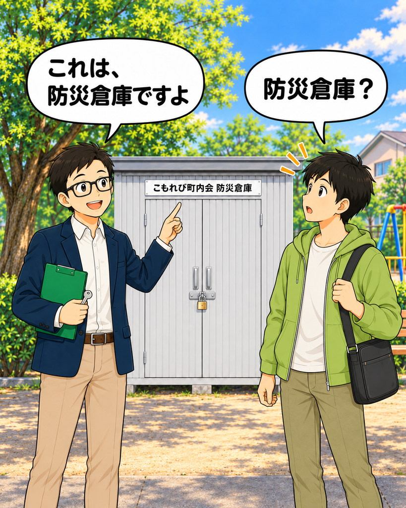 「会長が建物の看板を指し、防災倉庫だと知った若井さんが驚いて見上げる場面」