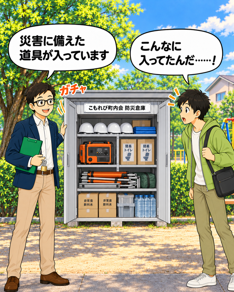 「開いた防災倉庫に発電機やヘルメットなどが整然と並び、その中身に驚く若井さん」