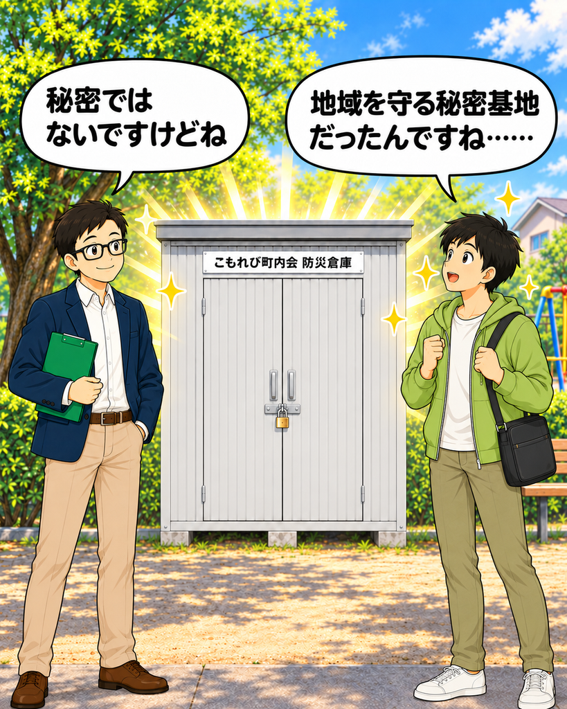 「翌朝、防災倉庫を地域を守る秘密基地のように見つめる若井さんに、会長が静かにツッコむ」
