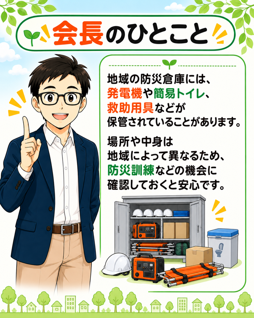 「防災倉庫の保管品は地域ごとに異なり、訓練などで場所や中身を確認すると安心だと伝える会長」