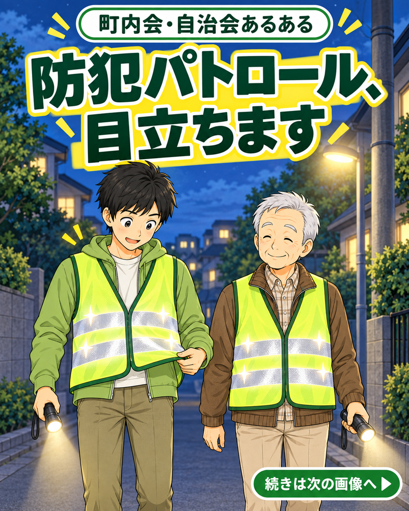 「反射ベスト姿の若井修と古里語郎を描いた『防犯パトロール、目立ちます』の表紙」
