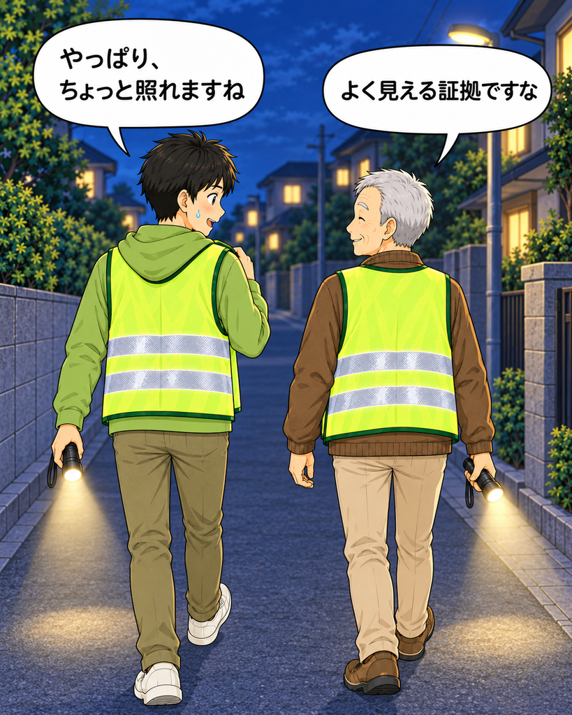 「夕暮れの住宅街を反射ベスト姿で歩き、目立つことを少し照れくさく感じる若井修」
