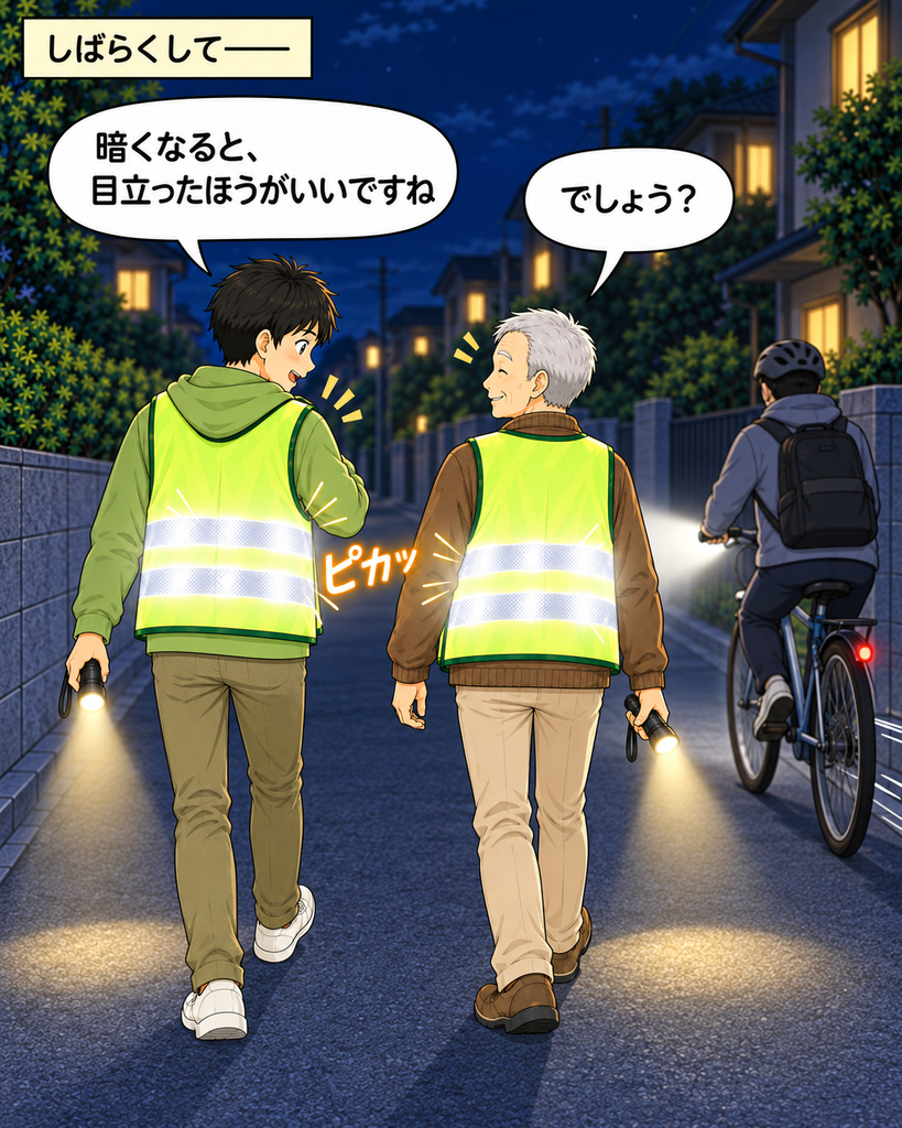 「暗い住宅街で自転車のライトを受け、反射ベストの安全性に納得する若井修と古里語郎」
