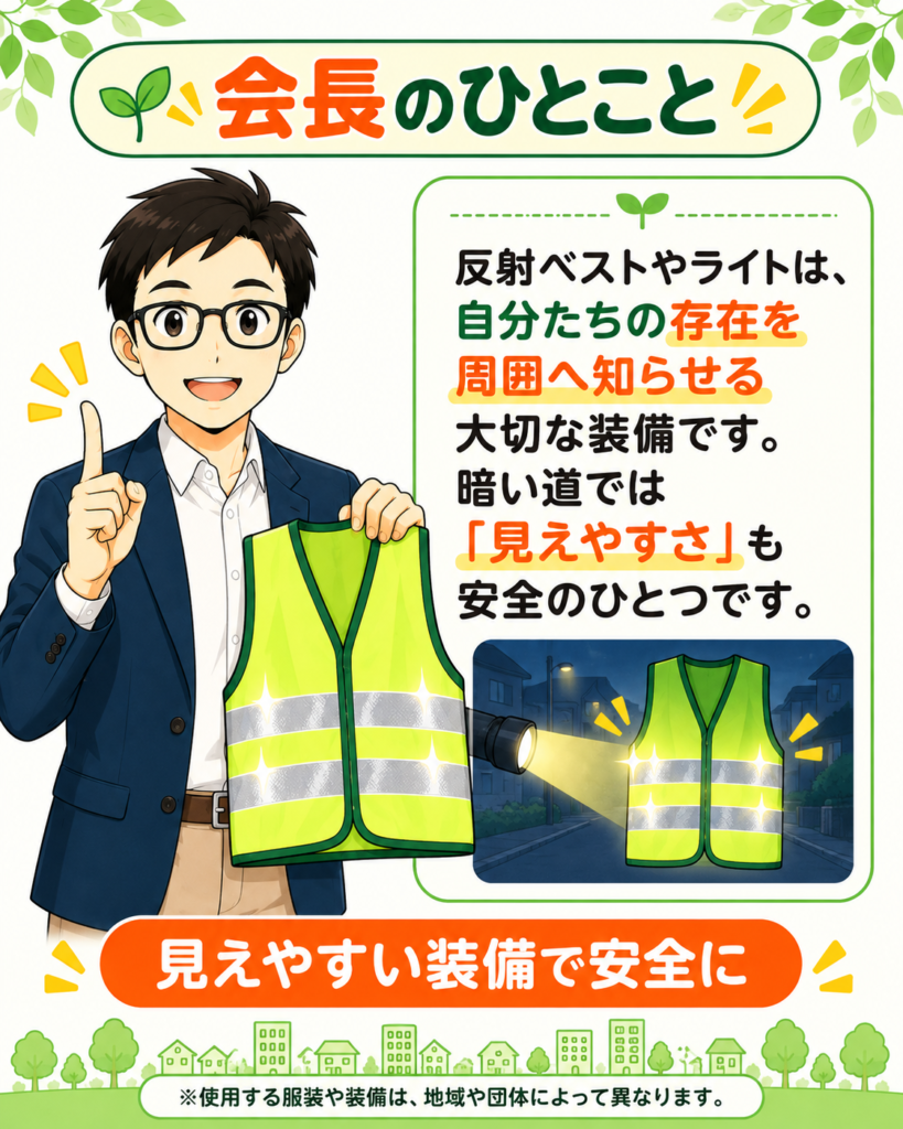 「反射ベストやライトで周囲から見えやすくすることも安全につながると伝える会長のひとこと」
