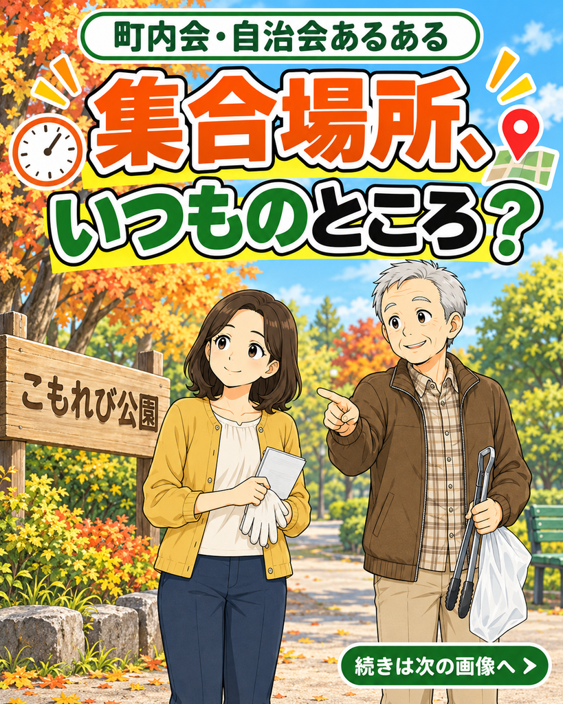 「4コマ漫画『集合場所、いつものところ？』の表紙。行事案内を手に、公園入口で集合場所を確認する二人」
