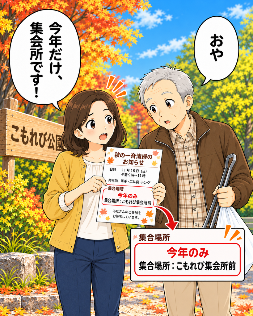 「行事案内を開き、今年だけ集合場所がこもれび集会所前へ変更されていると気づいた二人」
