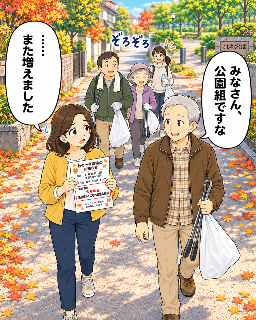 「集会所へ向かう二人の後ろに、同じく公園を間違えた参加者が次々と加わって列になる」
